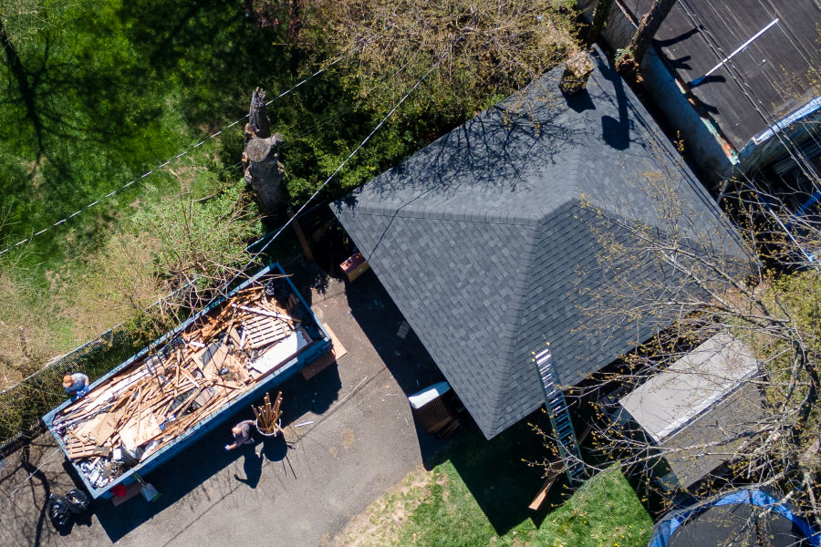 Ariel View of Completed Garage Roof Installation